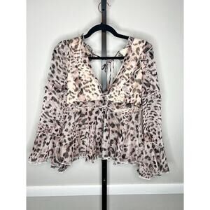 ☀️Olia Leopard Animal Print Sheer Ruffle V-Neck Blouse Size XS NWT